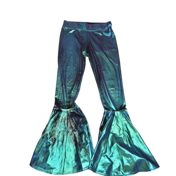 Mermaid Flare Leg Pants Costume Green Shiny Girls Large - Picture 1 of 8